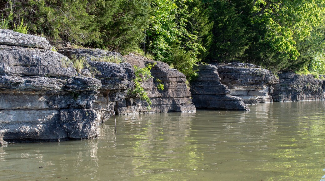 Rock cliffs at lake Eucha in Oklahoma makes a beautiful scenic view and an outstanding spot for limb line fishing. Bokeh.