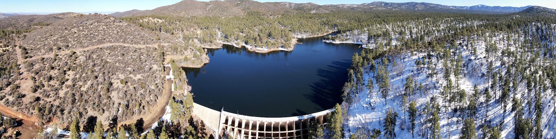 Aerial panorama of Upper Goldwater Lake outside of Prescott, Arizona