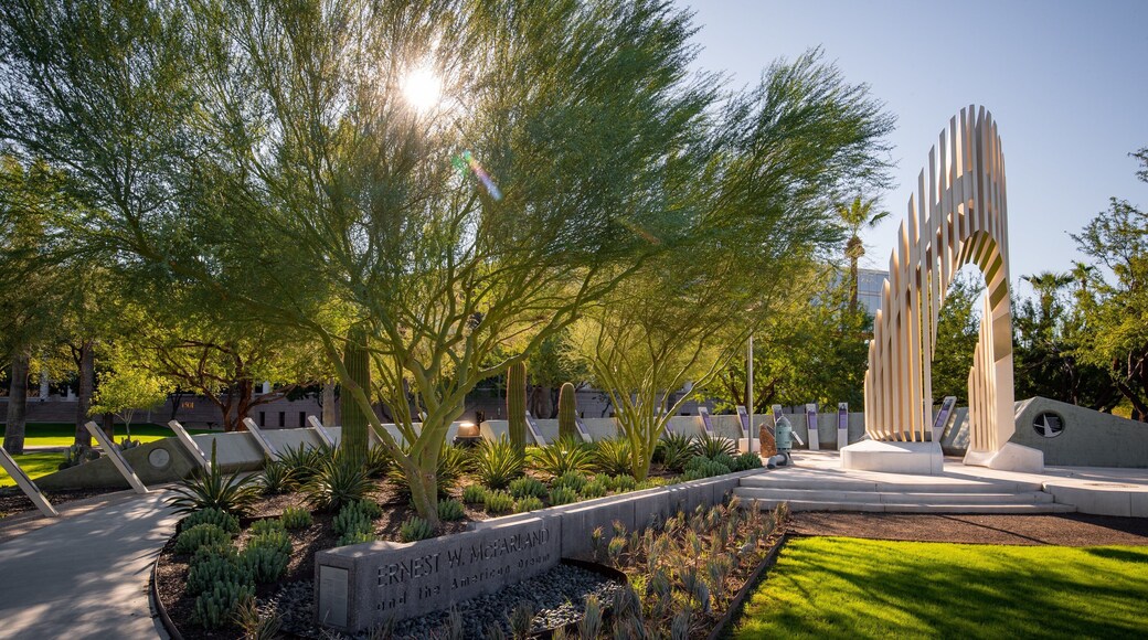 Wesley Bolin Memorial Plaza showing a garden and a sunset