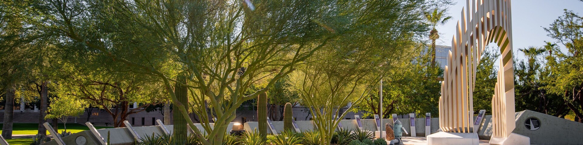 Wesley Bolin Memorial Plaza showing a garden and a sunset