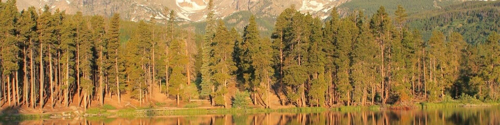 Sprague Lake in Rocky Mountain National Park is gorgeous any time of day, but it's spectacular at sunrise. Longs Peak is the center mountain in the background.