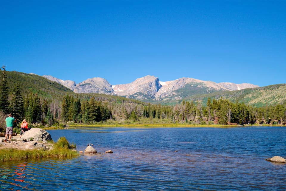 A lake surrounded by mountains and trees.