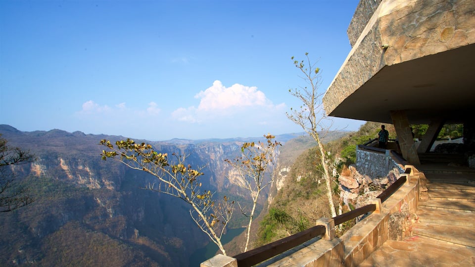 A scenic overlook with a view of a canyon, a stone staircase, and a wooden railing.