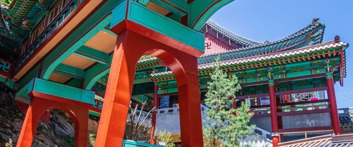Detail view on Buildings inside korean Buddhist Temple complex Guinsa. Guinsa, Danyang Region, South Korea, Asia.