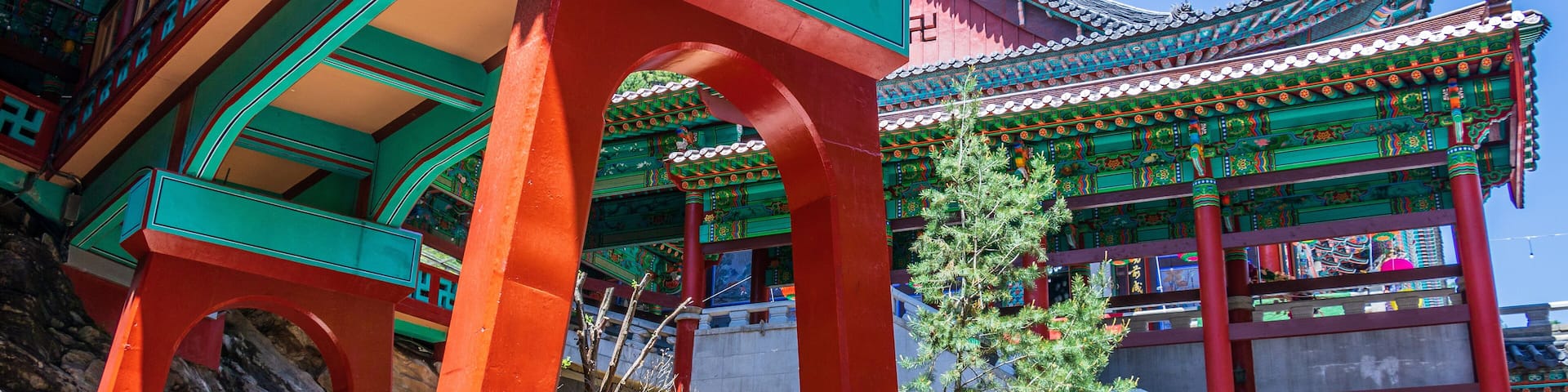 Detail view on Buildings inside korean Buddhist Temple complex Guinsa. Guinsa, Danyang Region, South Korea, Asia.
