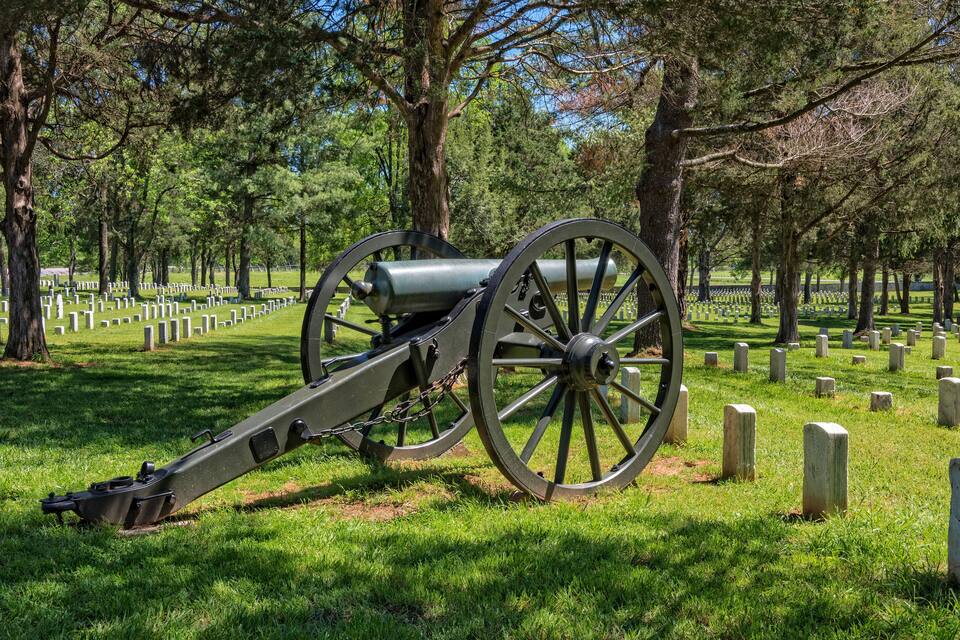 A cannon in a grassy park with trees and white headstones in the background.