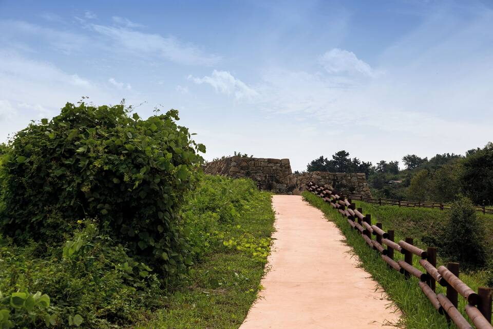 A paved pathway flanked by dense greenery and a stone wall in the distance.