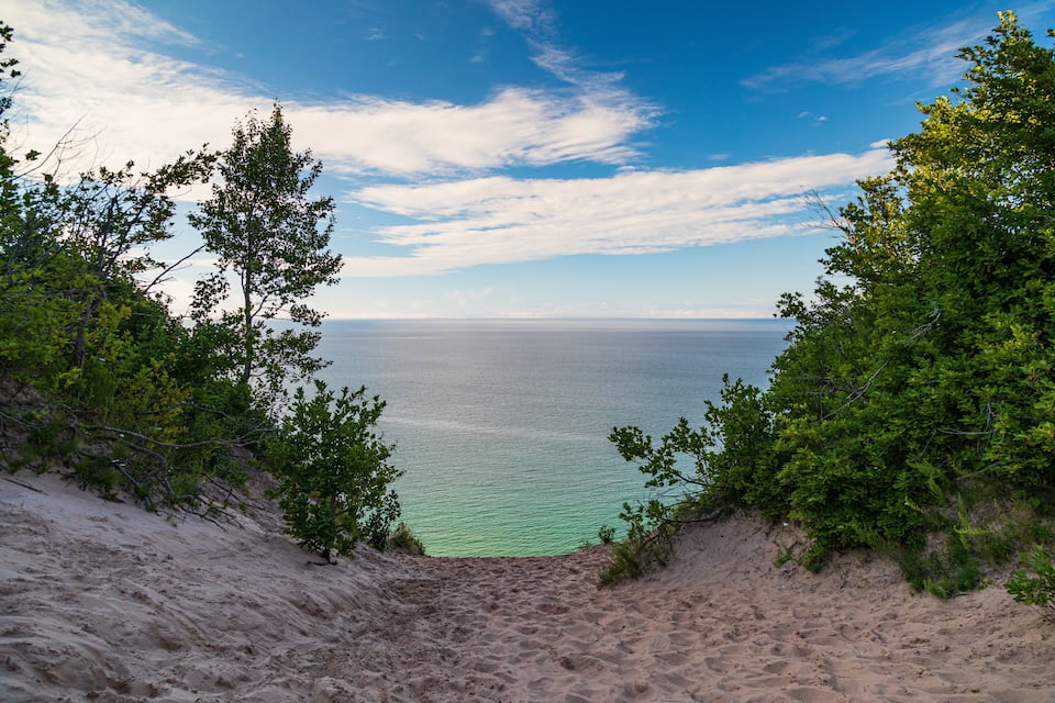 A beach with a view of the ocean, surrounded by trees and sand dunes.