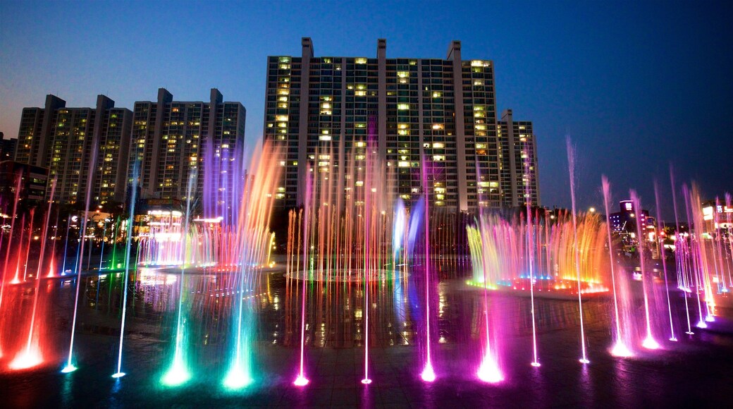 Dadaepo Sunset Fountain of Dream mostrando cenas noturnas e uma fonte