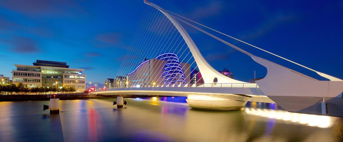 Samuel Beckett Bridge featuring modern architecture, a bridge and a river or creek