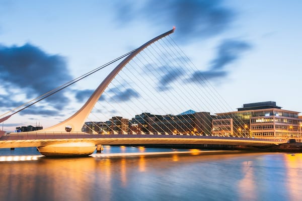 Samuel Beckett Bridge featuring a river or creek, a sunset and a bridge