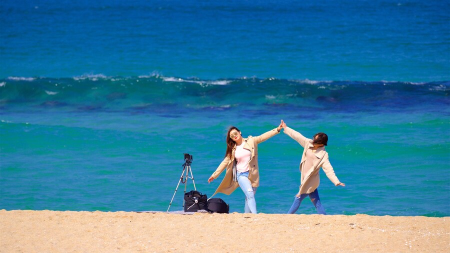 Anmok Beach which includes a sandy beach and general coastal views as well as a couple