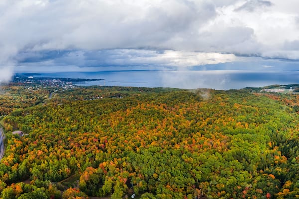 Beautiful autumn panorama from Mount Marquette area looking towards the bay on Lake Superior - Michigan Upper Peninsula