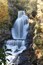 Una cascada se precipita sobre un risco rodeado de follaje otoñal.