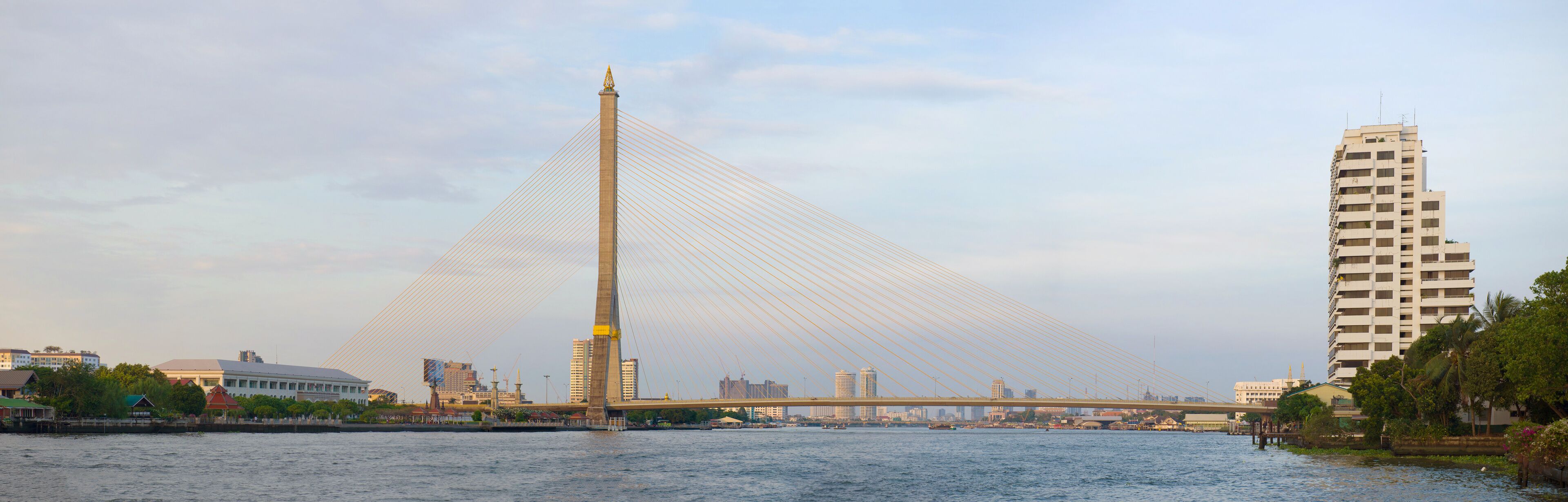 Panorama of royal Rama VIII Bridge in the early evening. Bangkok, Thailand
