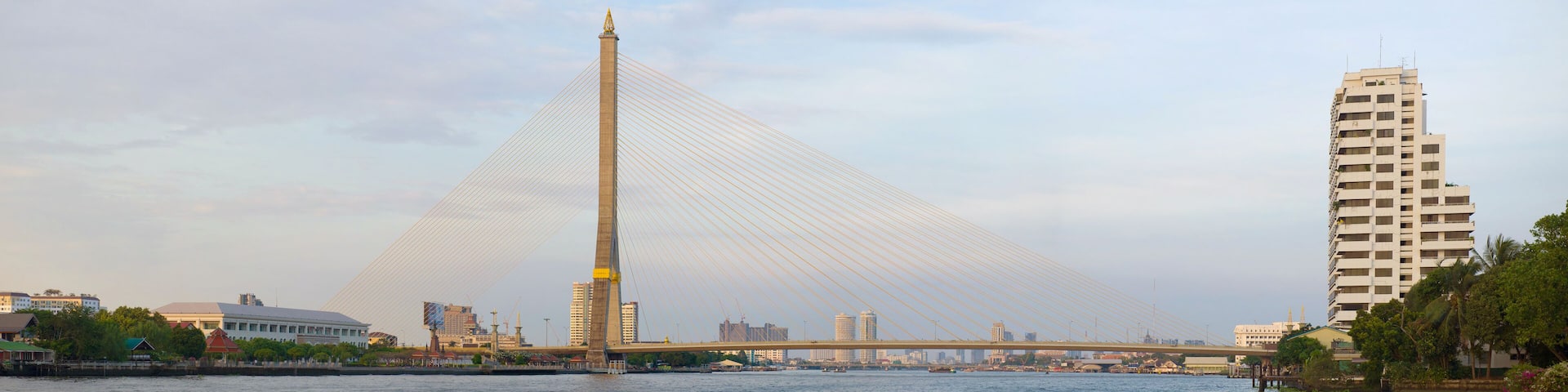 Panorama of royal Rama VIII Bridge in the early evening. Bangkok, Thailand