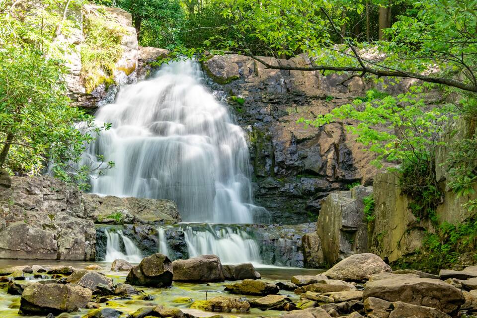 A waterfall cascading over rocks surrounded by lush greenery.