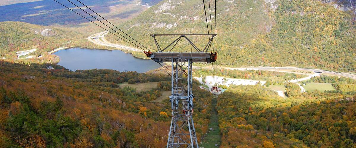 Echo Lake from aerial tramway to the top of Cannon Mountain in Franconia Notch State Park, White Mountian National Forest, New Hampshire, USA.