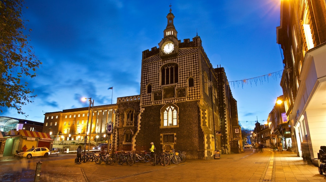 Norwich Guildhall showing night scenes and heritage elements