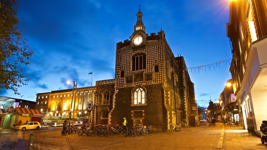 Norwich Guildhall showing night scenes and heritage elements