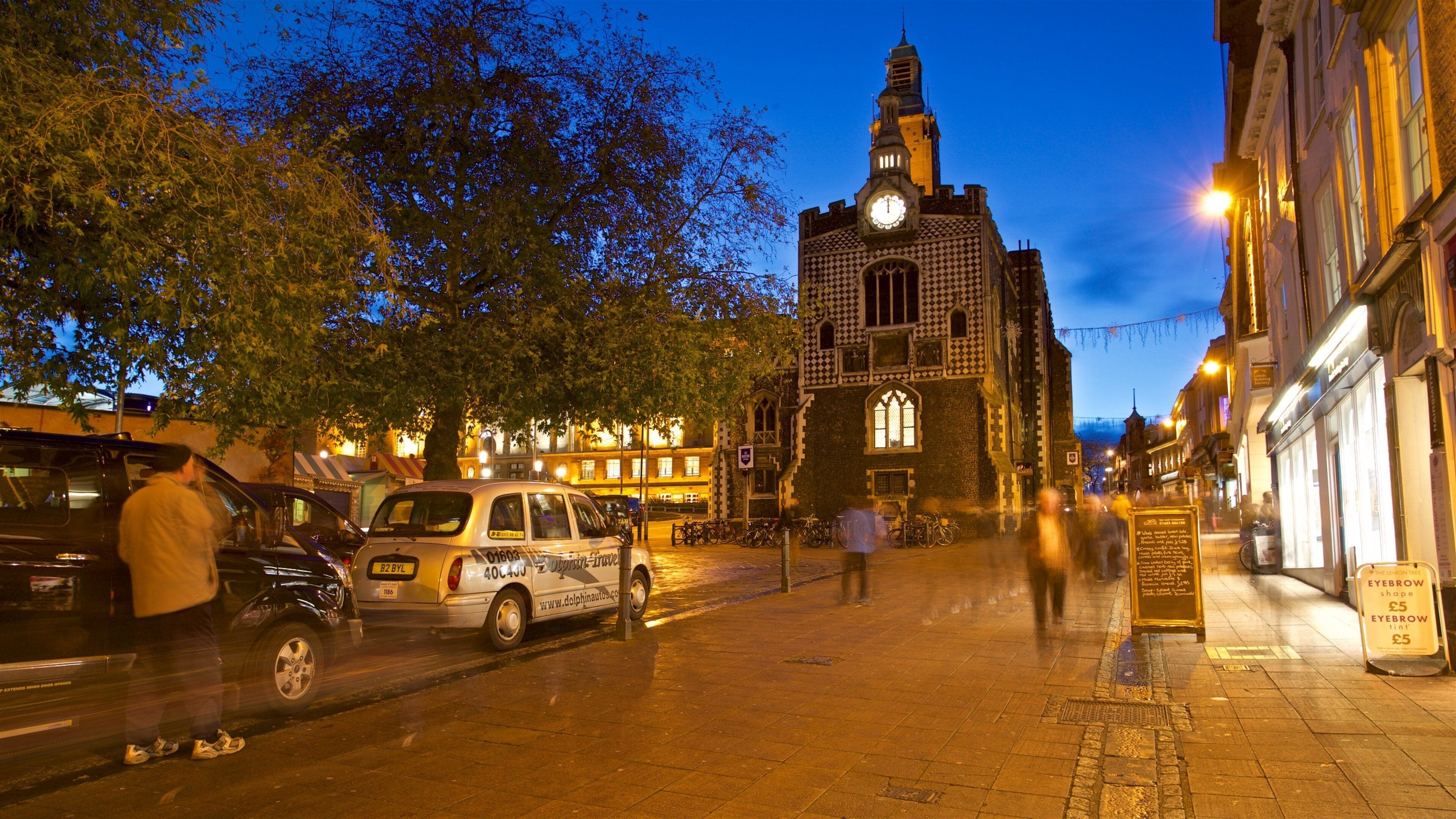 Edificio histórico Norwich Guildhall ofreciendo elementos patrimoniales y escenas de noche