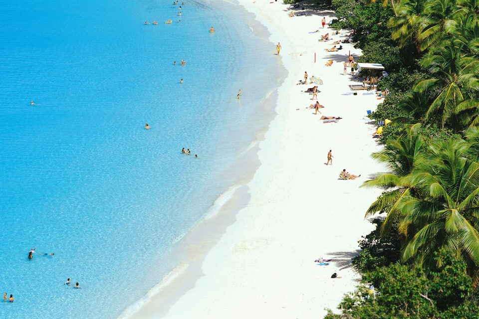 A beach with clear blue water and white sand, surrounded by palm trees.
