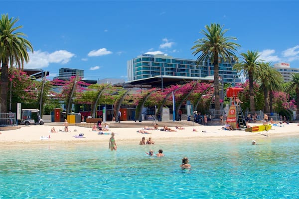 Southbank Parklands which includes a sandy beach, general coastal views and wildflowers