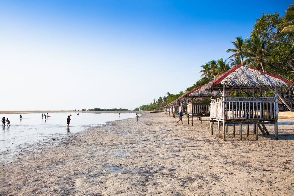 A beach with palm trees, a thatched-roof hut, and people in the water.