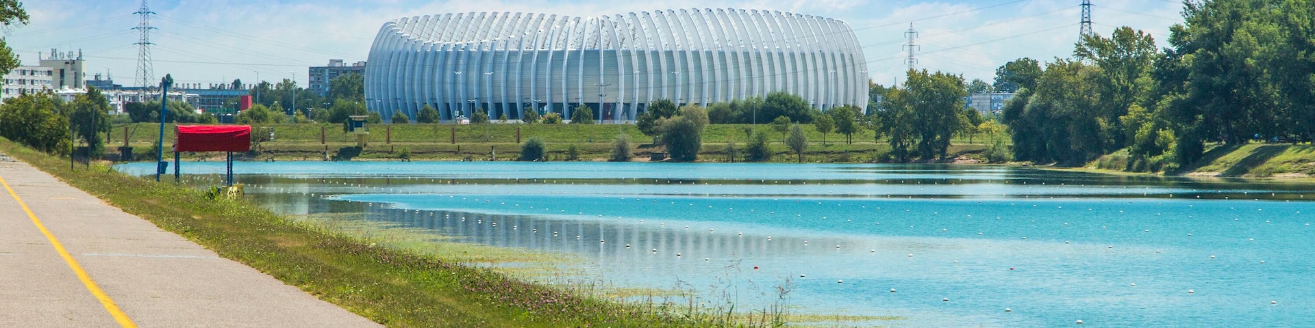 Jarun lake in Zagreb, Croatia, sunny summer day, Zagreb arena in background