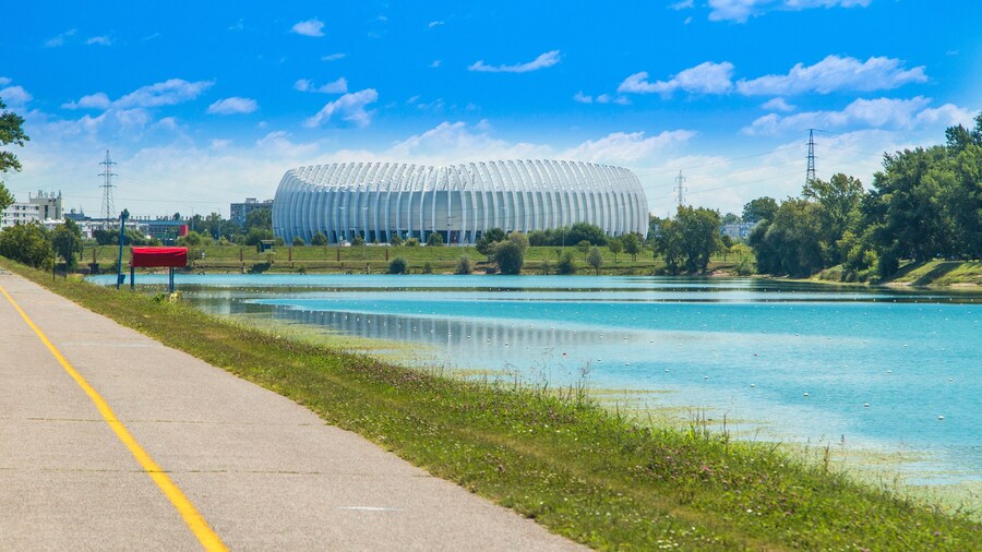 Jarun lake in Zagreb, Croatia, sunny summer day, Zagreb arena in background