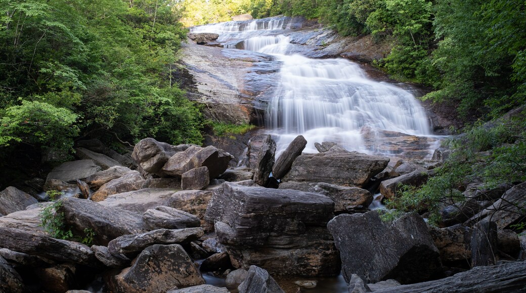The cascades of the Lower Falls in Graveyard Fields, a very popular waterfall and hiking destination near Asheville, North Carolina in the Blue Ridge Mountains off the Blue Ridge Parkway.