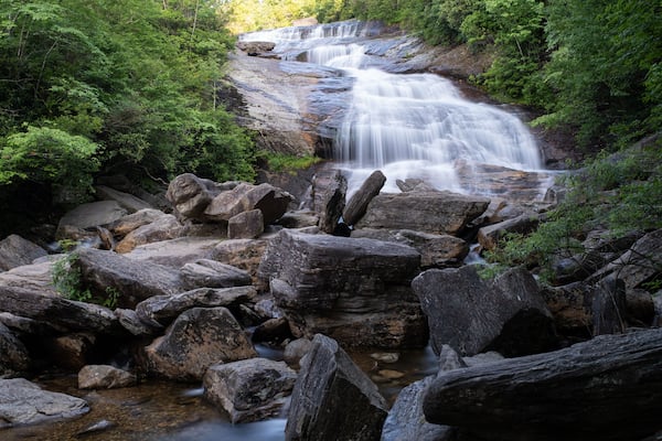 The cascades of the Lower Falls in Graveyard Fields, a very popular waterfall and hiking destination near Asheville, North Carolina in the Blue Ridge Mountains off the Blue Ridge Parkway.