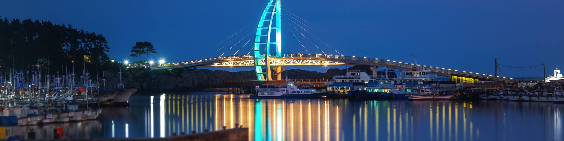 A bridge with a distinctive blue and white design, reflecting on calm water, surrounded by boats and a marina.