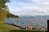 A lake with a grassy shore, rocks, trees, and distant mountains.