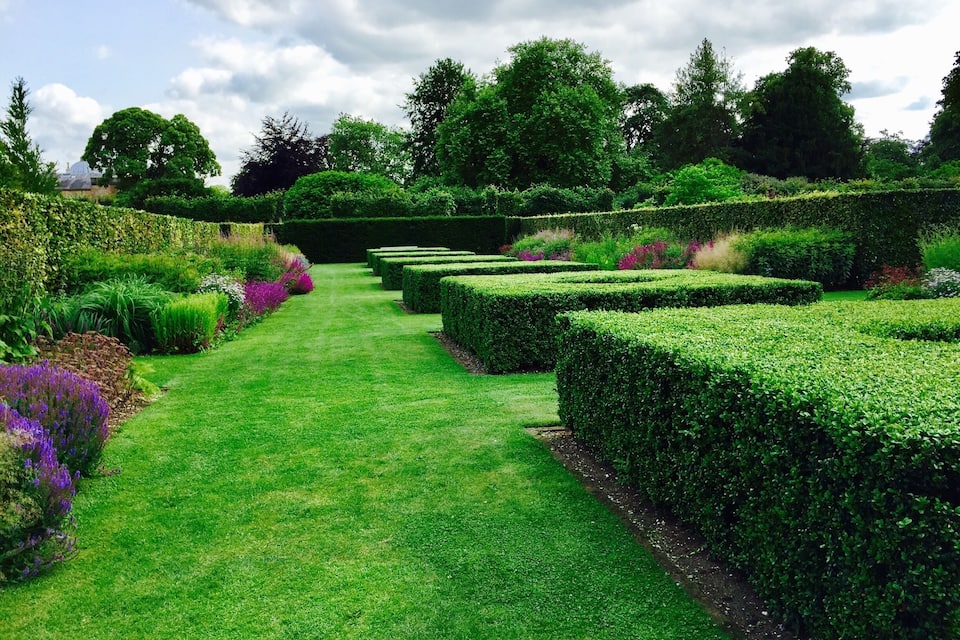 A well-manicured garden with a central pathway, neatly trimmed hedges, and a variety of flowering plants.