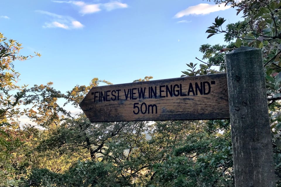 A wooden signpost with the inscription "Finest View in England 50m" amidst lush greenery.