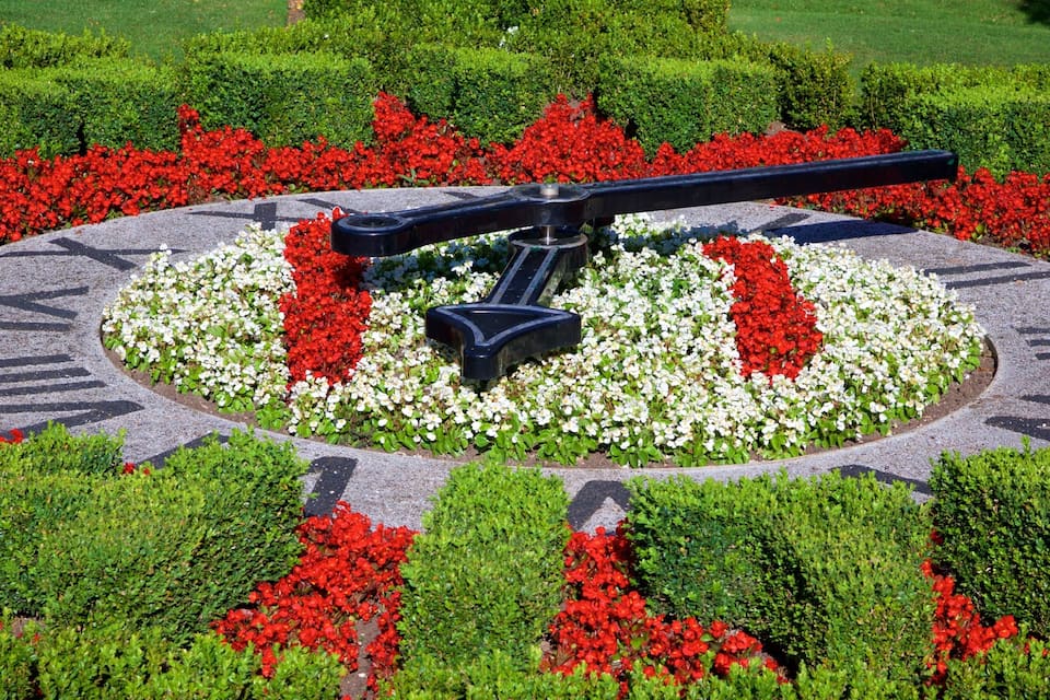 A garden with a large clock surrounded by red and white flowers.