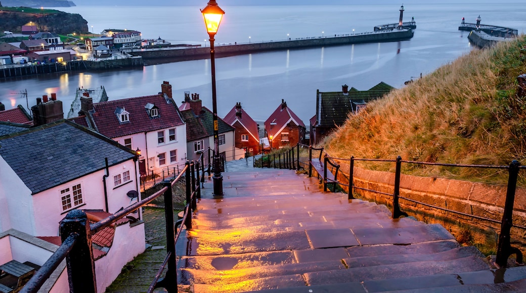 A view of the famous Whitby harbour from the 199 steps on the East cliffs leading to Whitby Abbey.