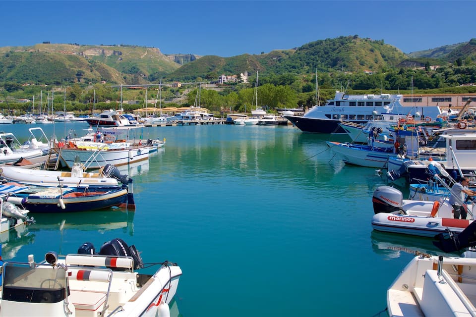 A marina with various boats docked, surrounded by hills and buildings.