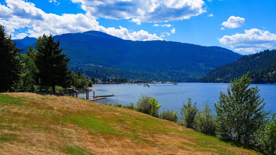 Town center of Nelson as seen from the Rotary Lakeside Park along the shores of the west arm of the Kootenay Lake in British Columbia, Canada