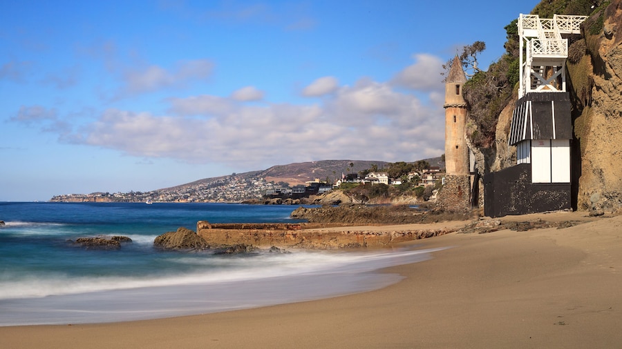 Tower over Rocky shores at Victoria Beach in Laguna Beach