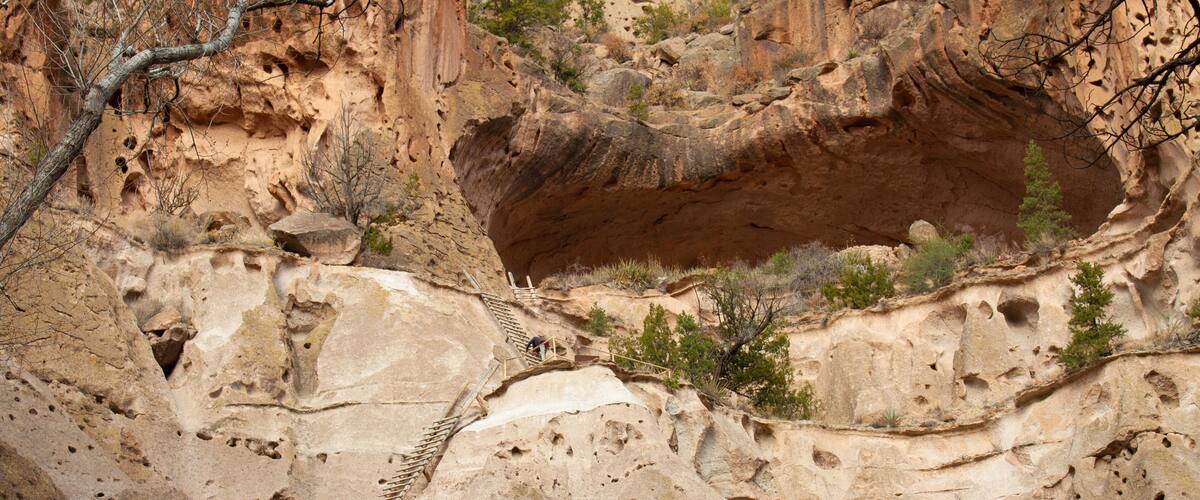 Trail with ladder leading up to the great kiva in Bandelier National Monument outside of Los Alamos, New Mexico