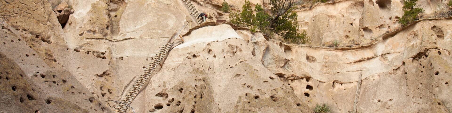 Trail with ladder leading up to the great kiva in Bandelier National Monument outside of Los Alamos, New Mexico