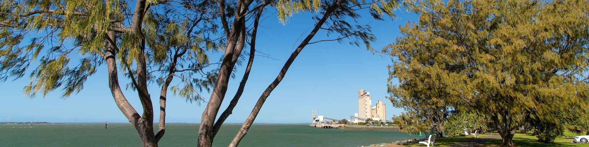 A park with a tree-lined path, a body of water, and industrial buildings in the background.