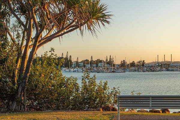 A waterfront with a bench, trees, and a marina in the background.