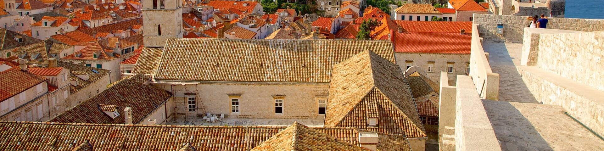 Walls of Dubrovnik featuring a coastal town and general coastal views