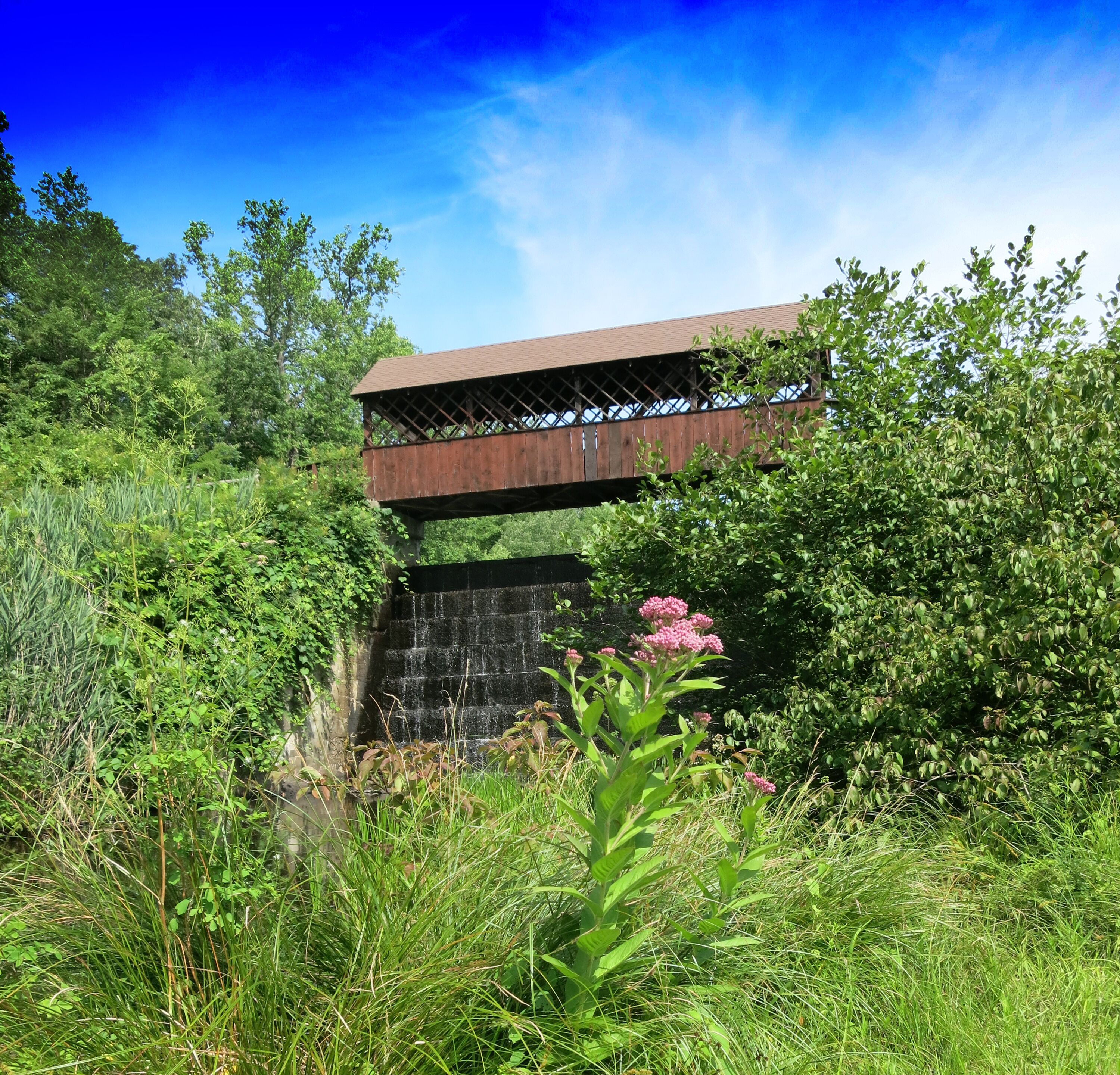 Covered bridge and waterfall