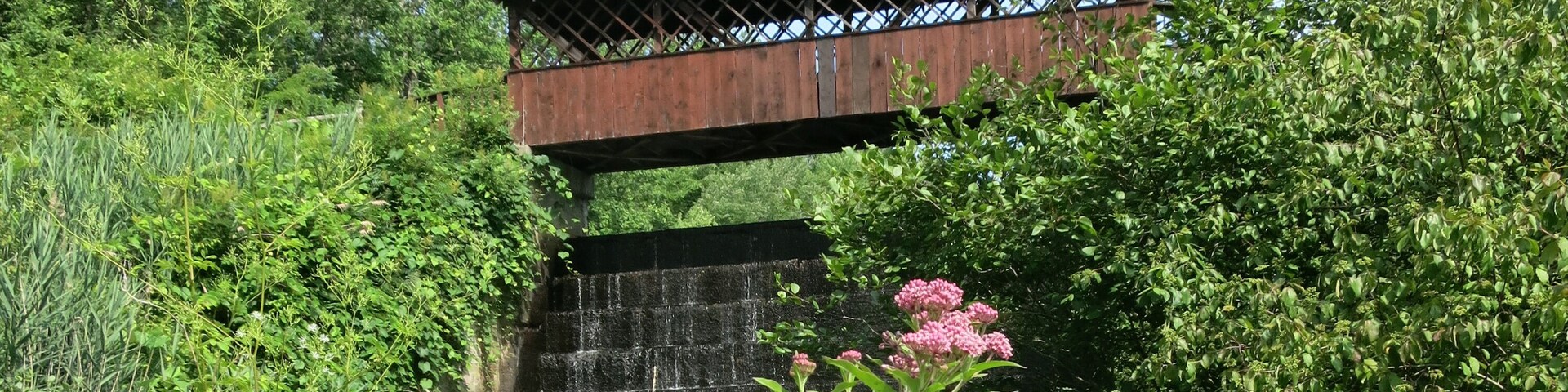 Covered bridge and waterfall