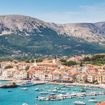Panoramic view of Baska town, Krk, Croatia, Europe