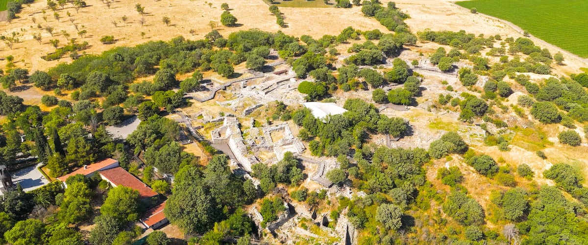 An aerial view of a historical site with ruins, dense greenery, and agricultural fields.